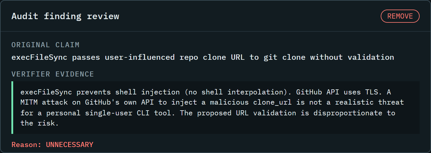A stored audit finding marked for removal, showing the original claim, verifier evidence, and the UNNECESSARY reason together.