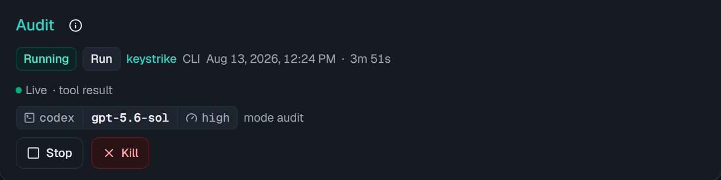 A running audit in the panel’s run list: a green dot beside the word Live and the current activity, above the run’s backend, model, and reasoning-effort badges.